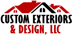 A red and black logo for custom exterior design, llc.