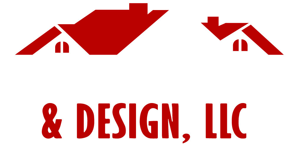 A red and white logo for custom exteriors design, llc.