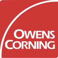 A red square with the words owens corning in white.